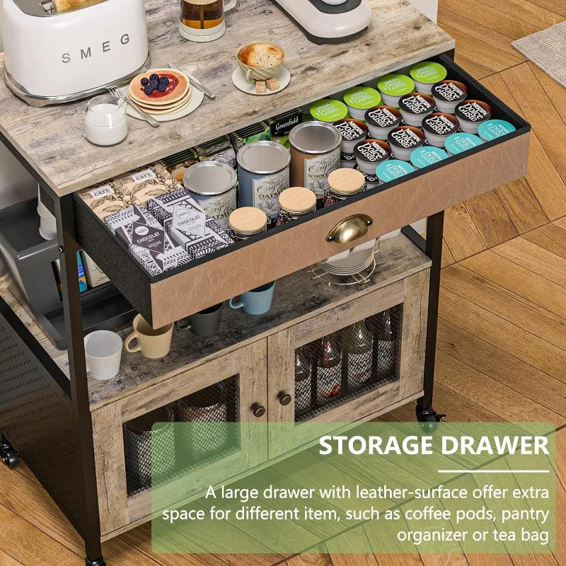 Coffee Bar Cabinet，3 Tiers Kitchen Coffee Cart with Drawer for The Home, Movable Farmhouse Coffee Station Table