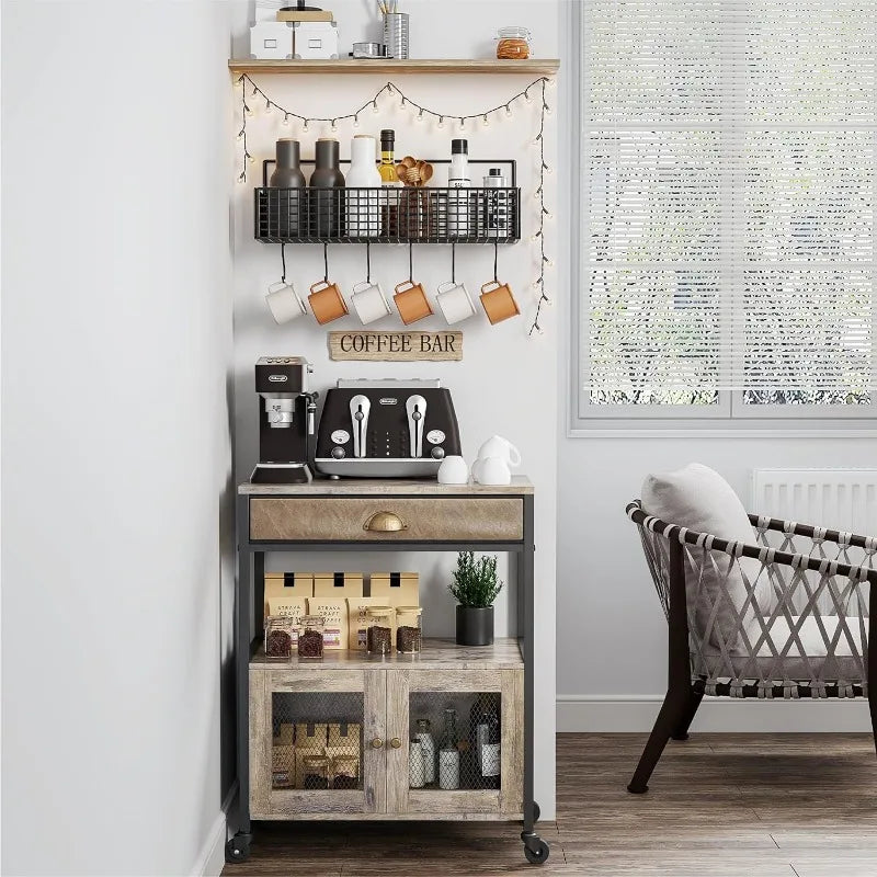 Coffee Bar Cabinet，3 Tiers Kitchen Coffee Cart with Drawer for The Home, Movable Farmhouse Coffee Station Table