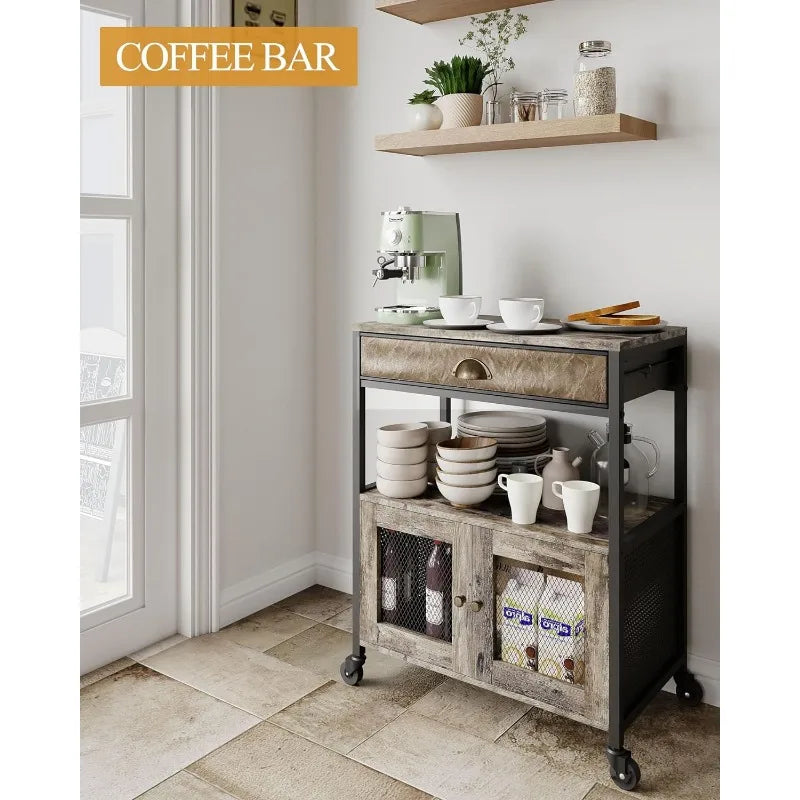 Coffee Bar Cabinet，3 Tiers Kitchen Coffee Cart with Drawer for The Home, Movable Farmhouse Coffee Station Table