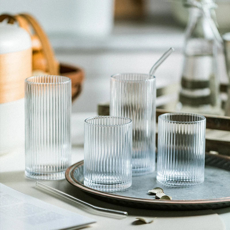 Vertical Striped Glass Cup Japanese Retro Embossed