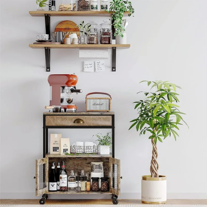 Coffee Bar Cabinet，3 Tiers Kitchen Coffee Cart with Drawer for The Home, Movable Farmhouse Coffee Station Table